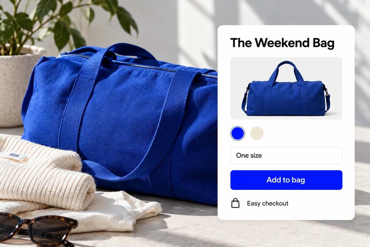 Blue weekend bag with a product page and easy checkout interface